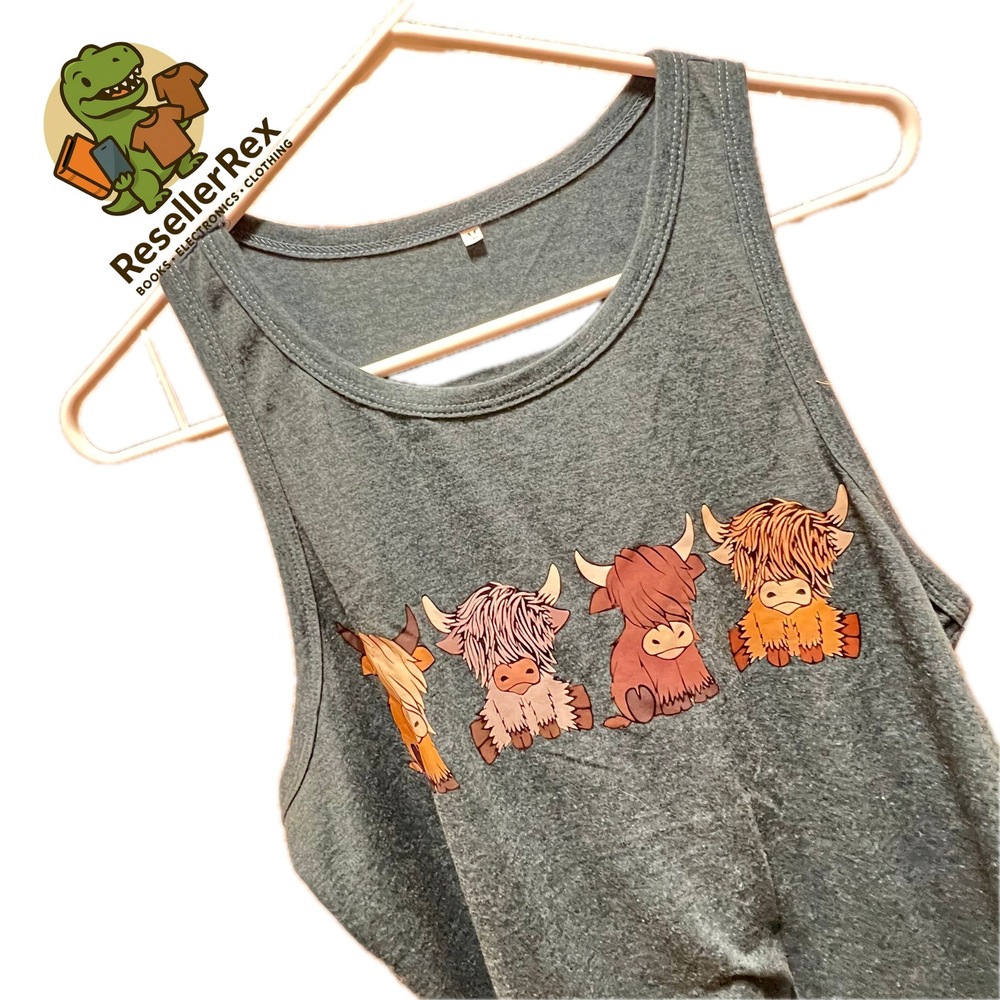 Highland Cow‎ Tank Top Women Medium Gray Excellent Graphic Racerback